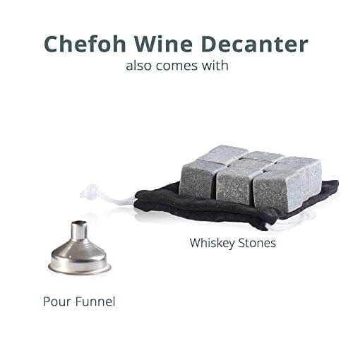 Chefoh Glass Globe Decanter Set with Whiskey Glasses, Reusable Stone Ice Cubes, Cherry Wood Stand, Tongs, and Pour Funnel