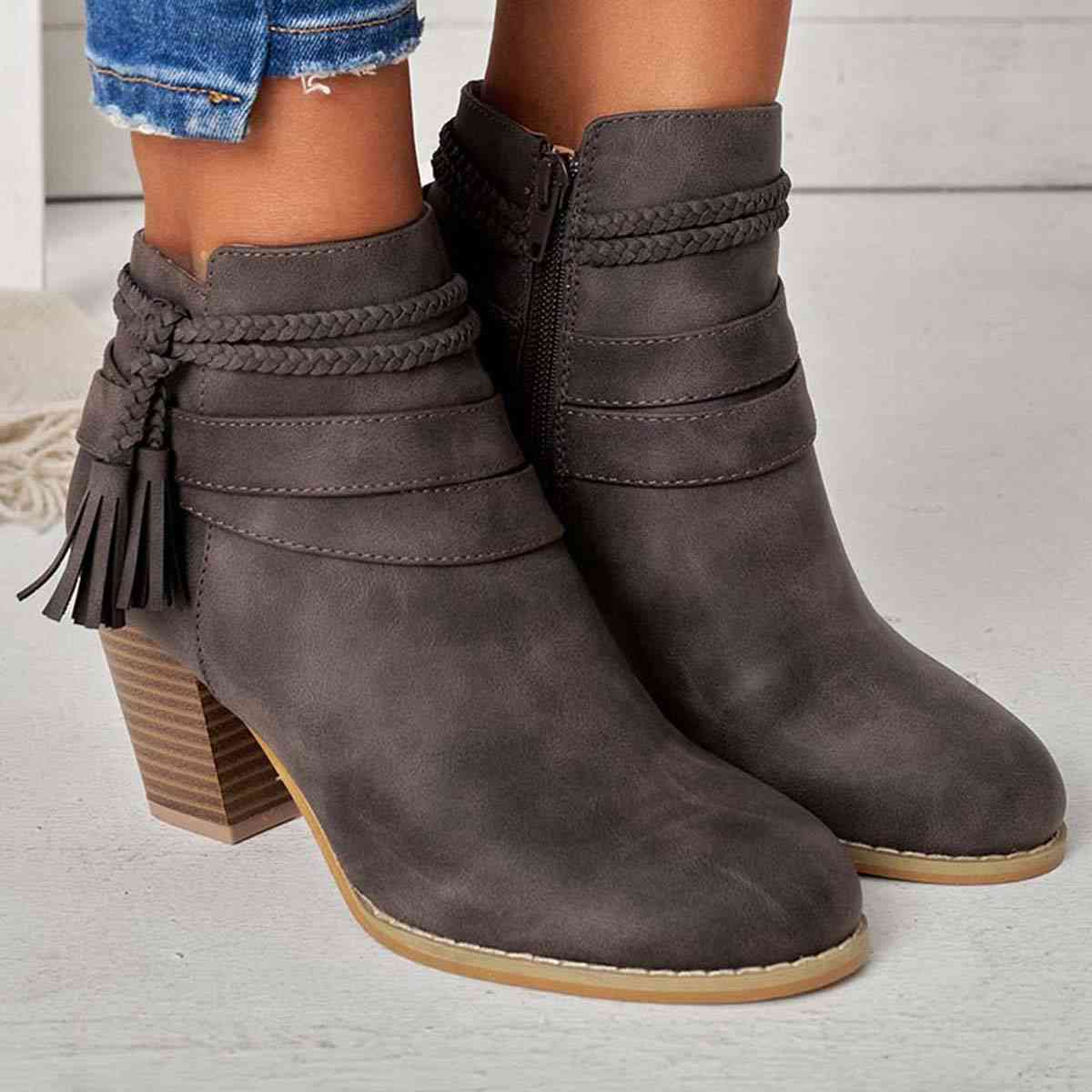 Western Tassel Chunky Block Heel Ankle Boots with Side Zipper