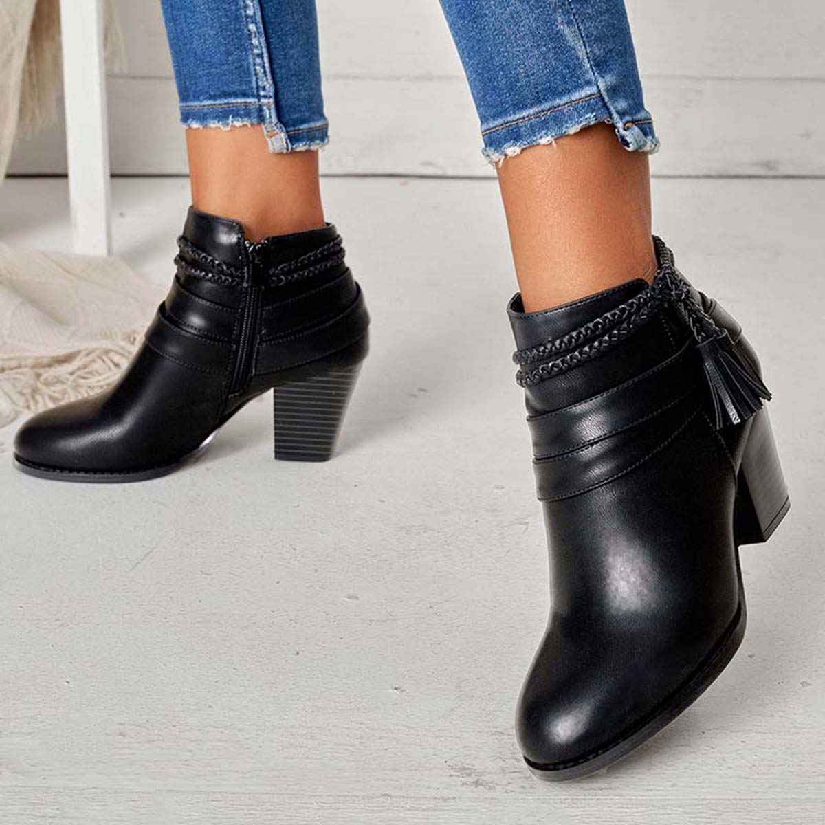 Western Tassel Chunky Block Heel Ankle Boots with Side Zipper