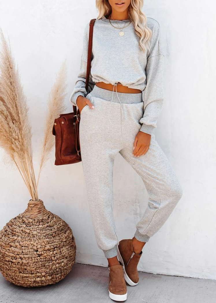 Chicvane Fashion Women's Elastic Waist Long Pants & Long Sleeve Drawstring Crop Top Suit Set