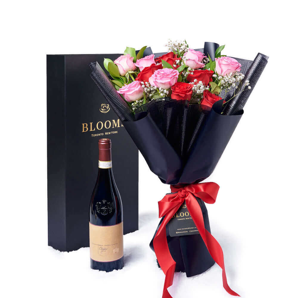 Valentine's Day 12 Stem Red & Pink Rose Bouquet With Box & Wine