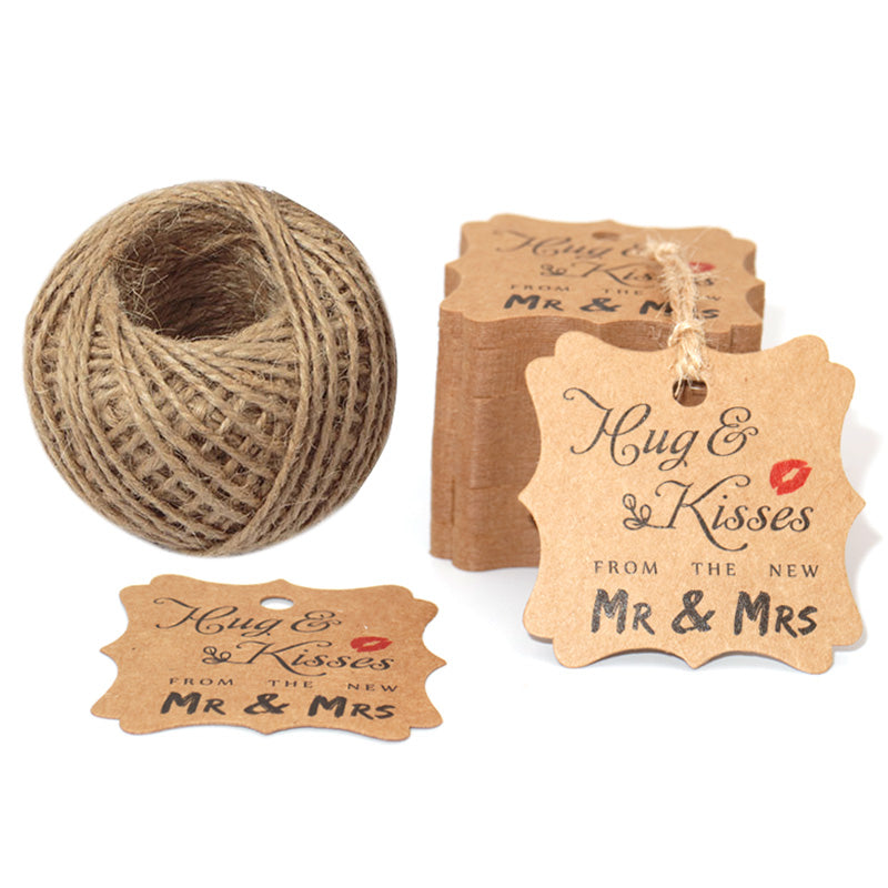 Original Design Wedding Favor Gift Tags, 100 PCS Brown Square Tags with 100 Feet Natural Jute Twine