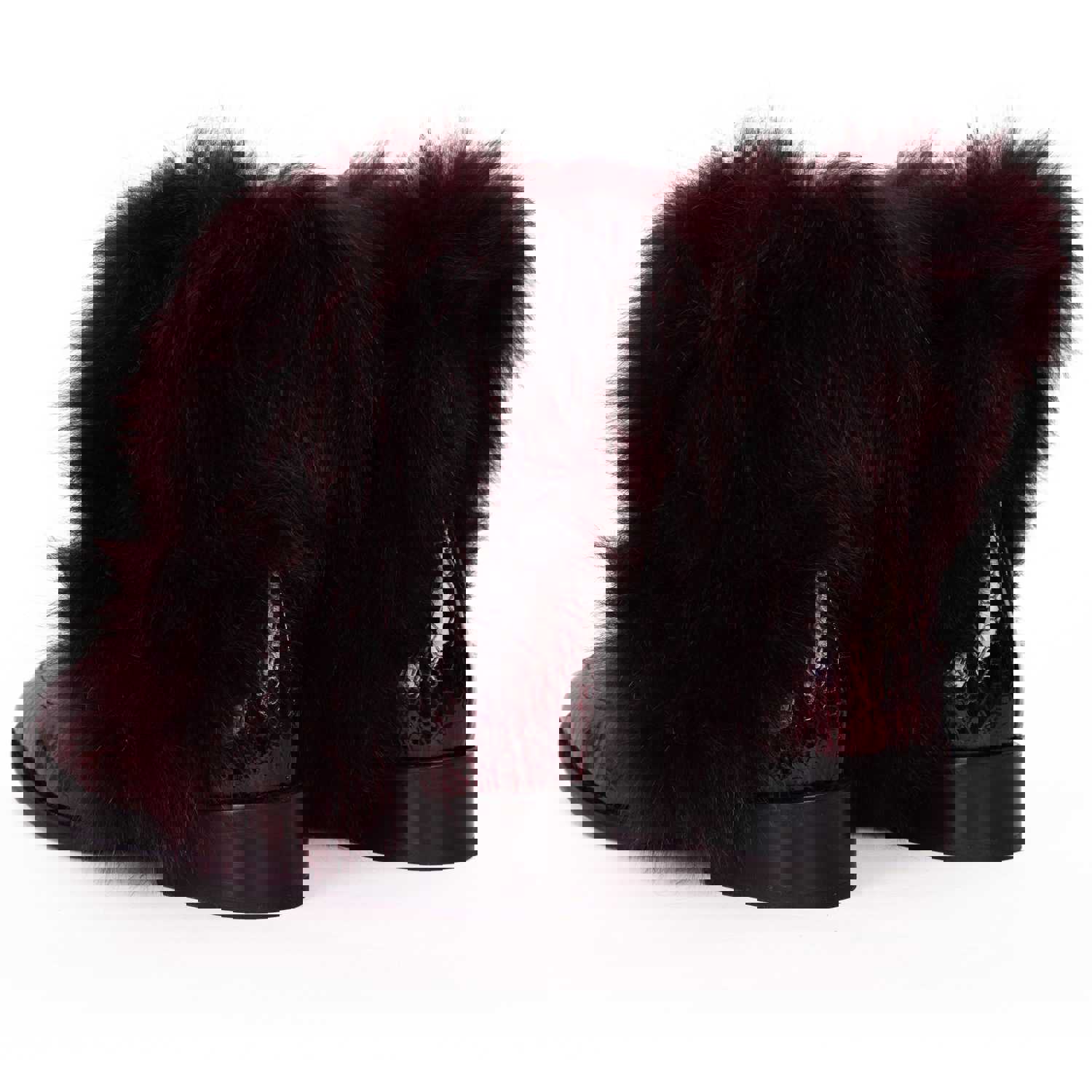 Izmir Burgundy Patent Leather Natural Fur Mid Calf Women Boot
