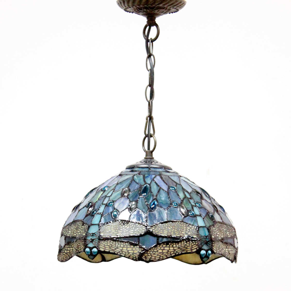 Tiffany Pendant Light Werfactory® 12 Inch Sea Blue Stained Glass Dragonfly Hanging Lamp