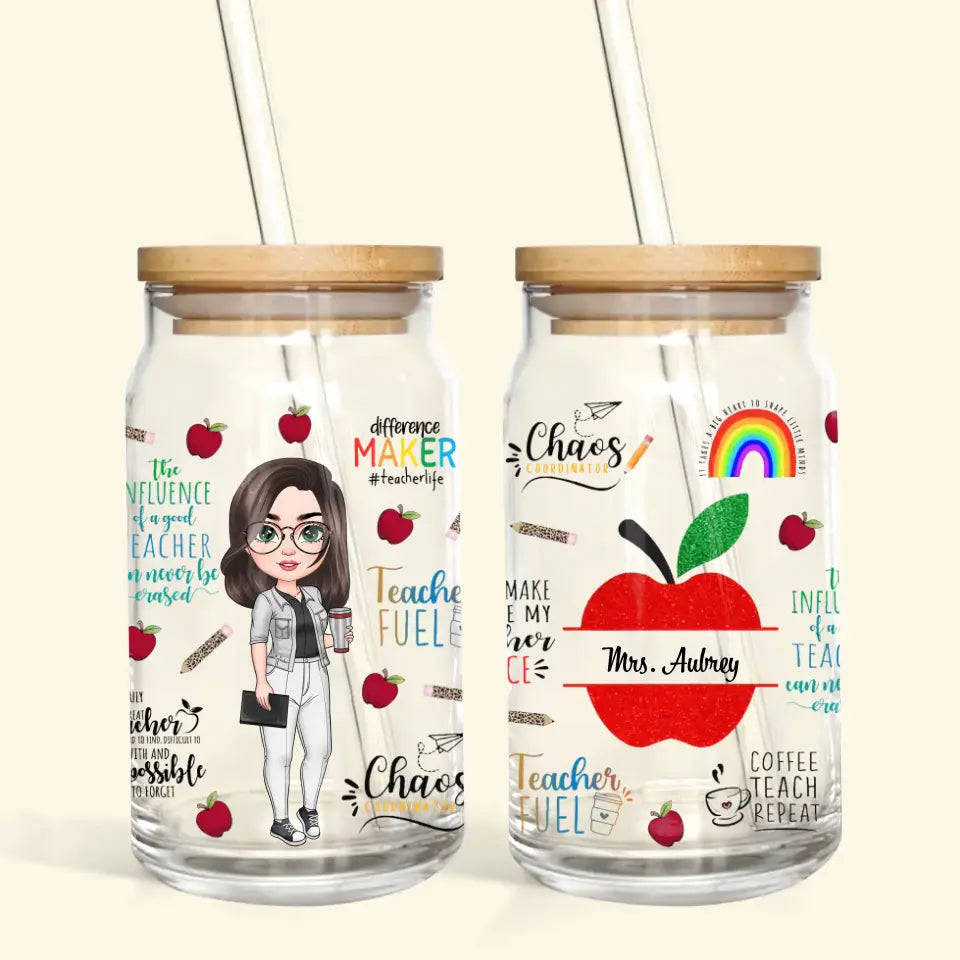 Personalized Custom Glass Can - Teachers Day, Birthday Gift For Teacher - Teach Love Inspire Red Apple Teacher