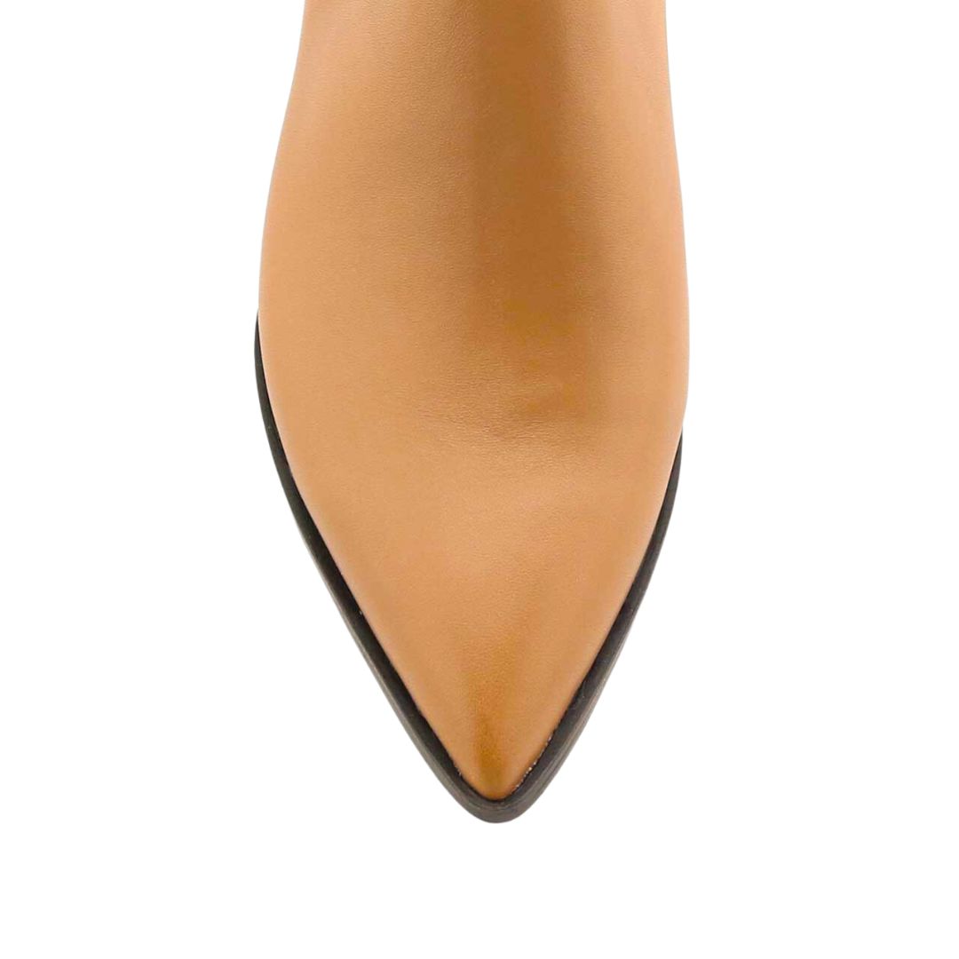 Camel Calf Leather Bold Block Ankle Boot