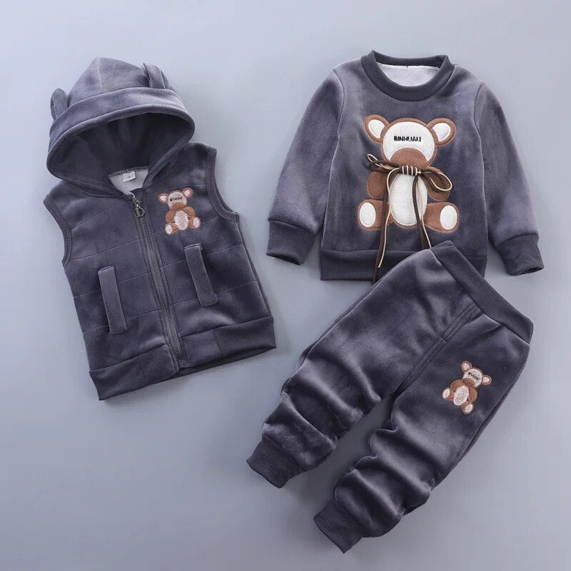 Baby Fleece Cartoon Bear Design, 3 Pieces Warm Clothing Set