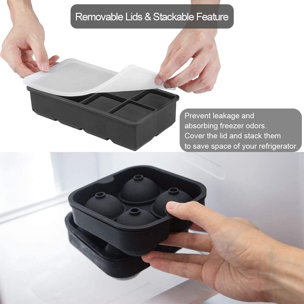 GDREAMT Silicone Ice Cube Trays Set - BPA Free, Easy Release, Reusable for Whiskey & Cocktails (3-Piece, Black)