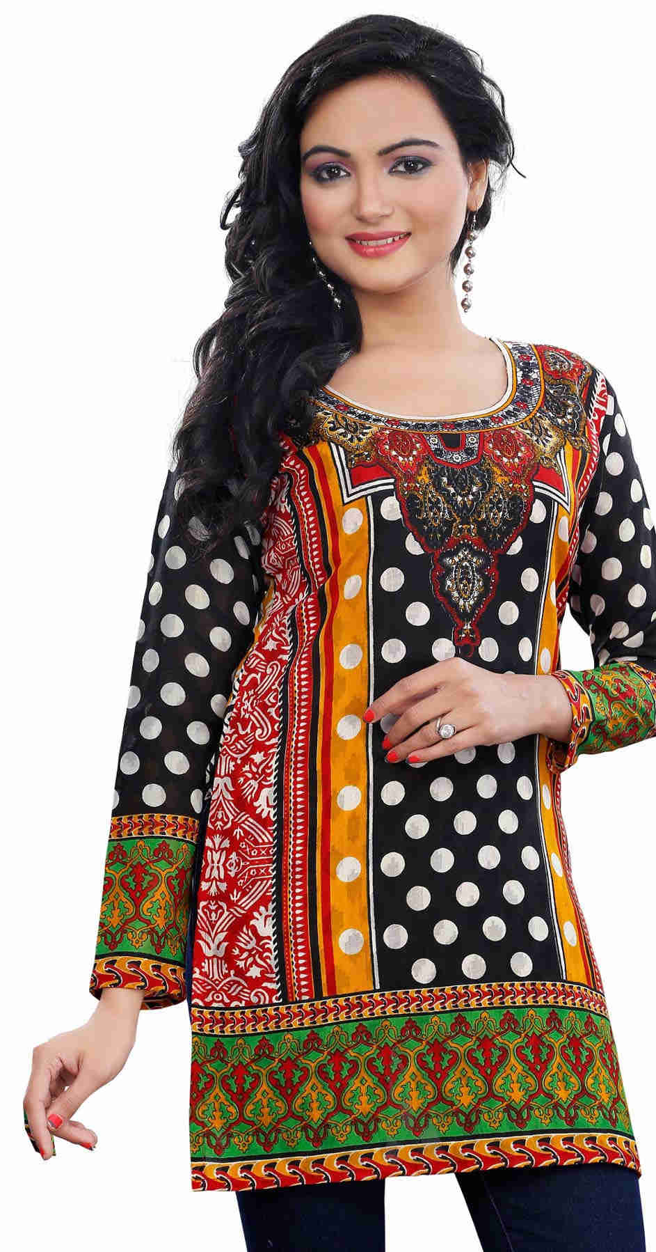 Women's Printed Cotton Blend Kurti Top Long Tunic (Black)