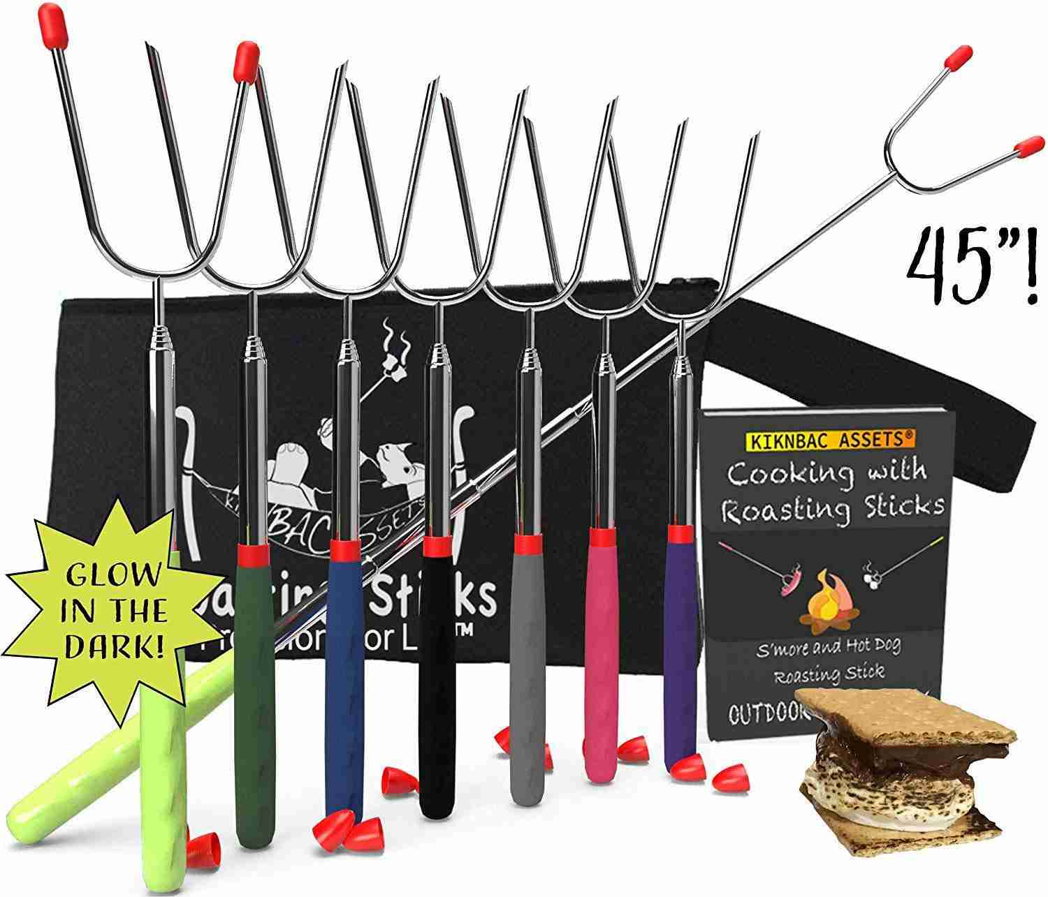 KBA Marshmallow Roasting Sticks Set of 8 - Telescoping Smores Sticks for Fire Pit with Glow in The Dark Handles