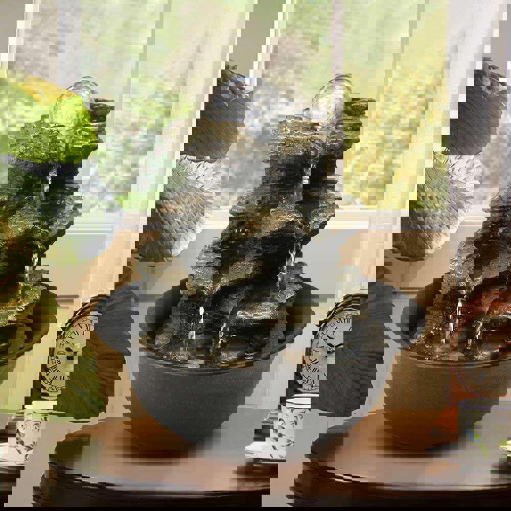 8.3-inch H 4-Tier Cascading Rock Falls Tabletop Water Fountain with Light Grey Polyresin and Lighted Pump