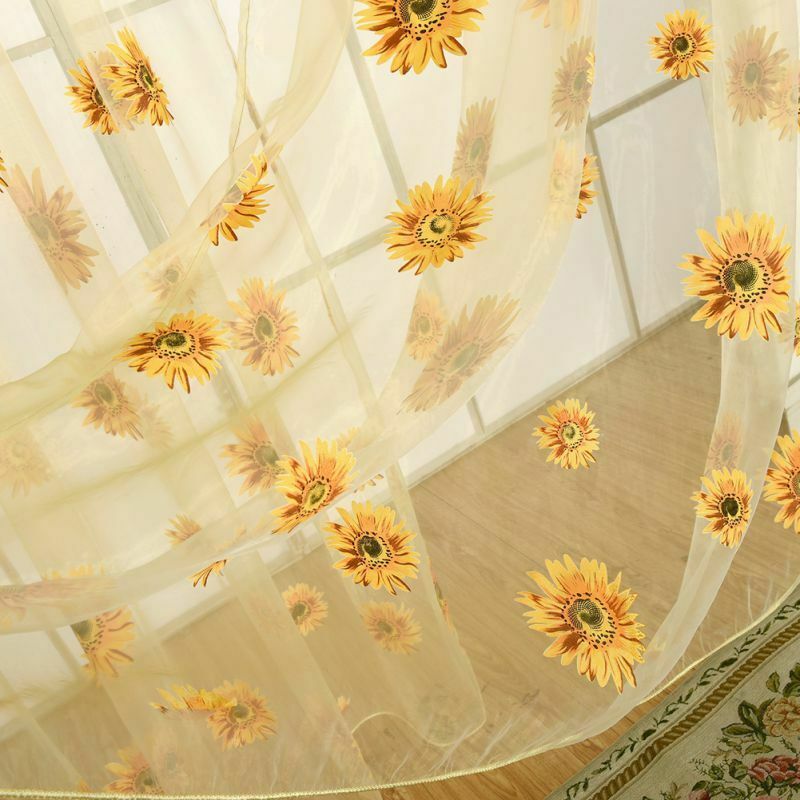 2 Panels Sheer-Voile Shade Curtain with Sunflower Pattern for Window and Door