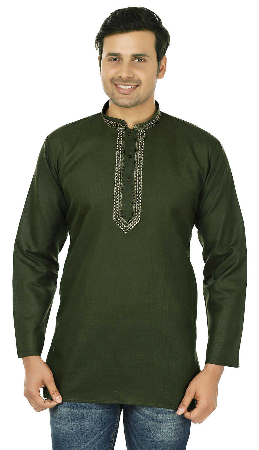 Men's Short Kurta Cotton Dress Shirt - Green (India Clothing)