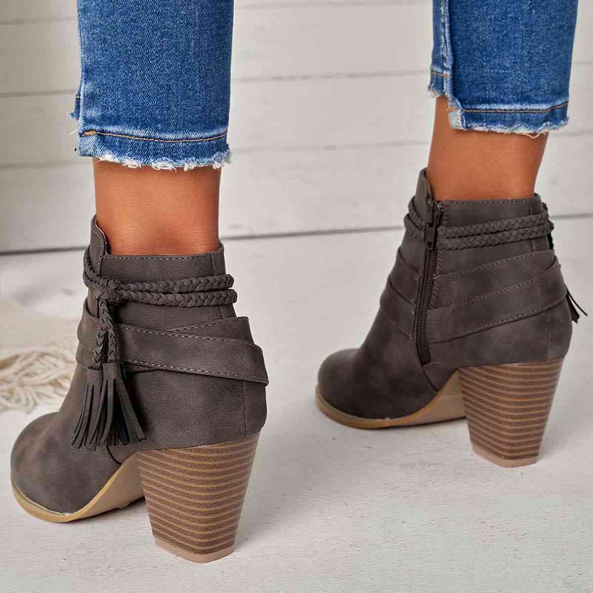 Western Tassel Chunky Block Heel Ankle Boots with Side Zipper