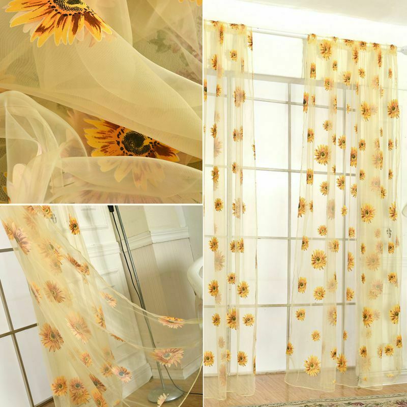 2 Panels Sheer-Voile Shade Curtain with Sunflower Pattern for Window and Door
