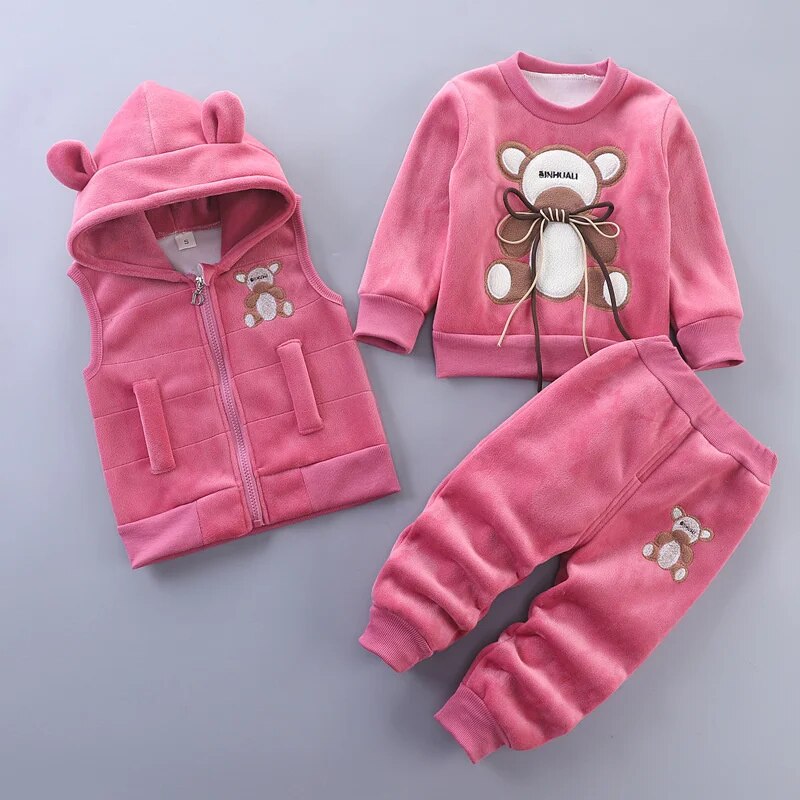Baby Fleece Cartoon Bear Design, 3 Pieces Warm Clothing Set