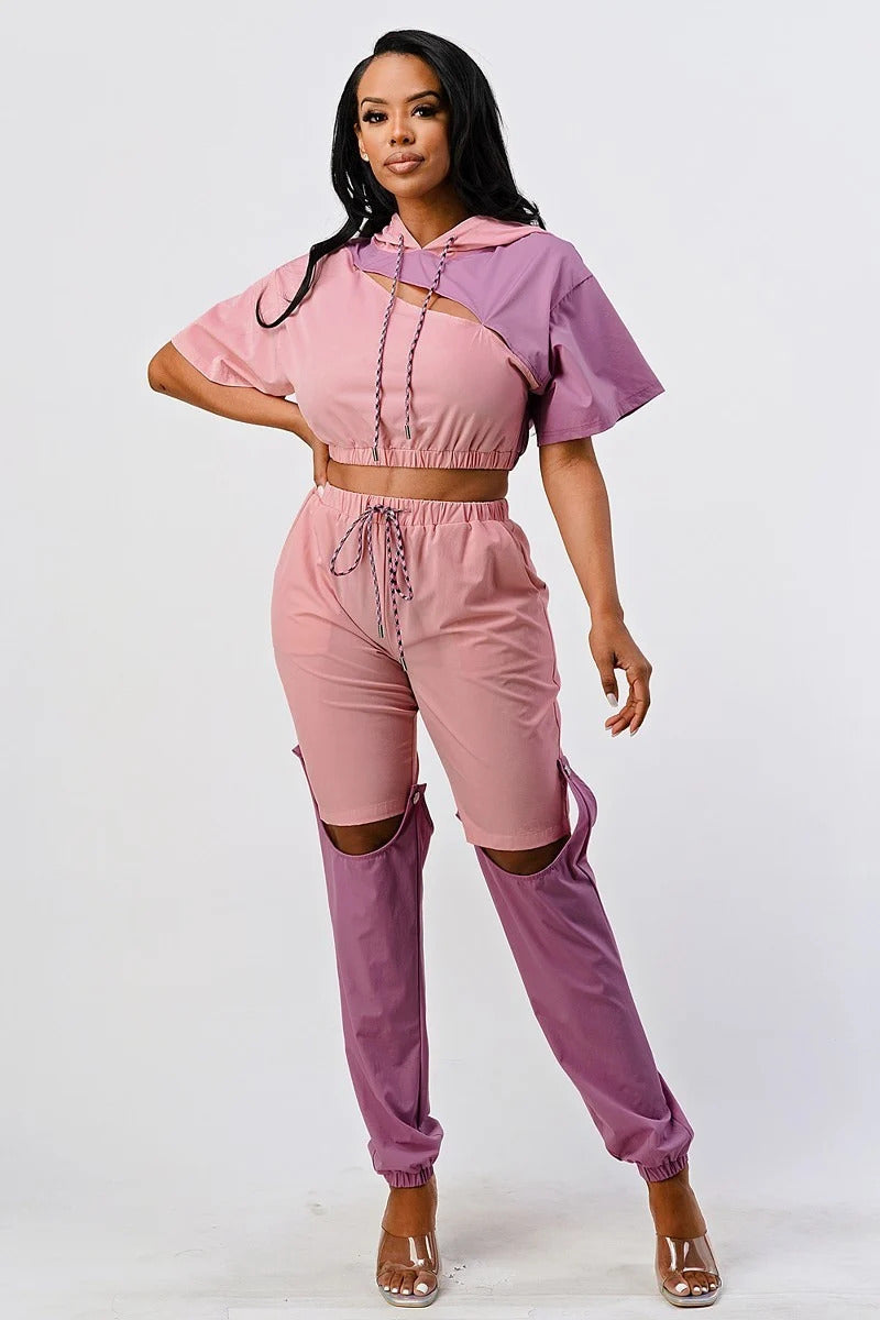 Color Block Pants Set with Hoodie and Detachable Bottom