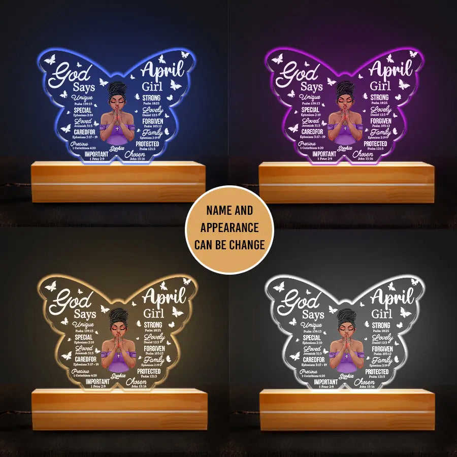 Personalized 3D LED Light Wooden Base - April Birthday Gift for Women, Afro Queen Gift