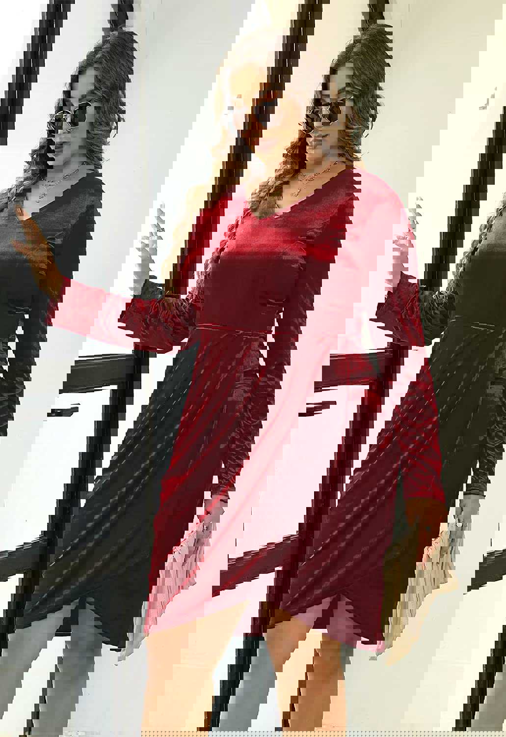 Italian Wine Red Velvet V-Neck Long Sleeve Ruched Bodycon Midi Dress
