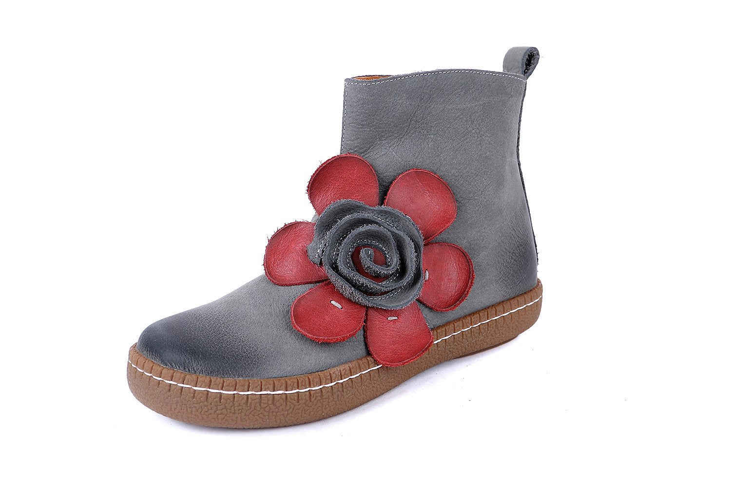 Women's Genuine Leather Chelsea Boots With Handmade Flowers Gray/Camel