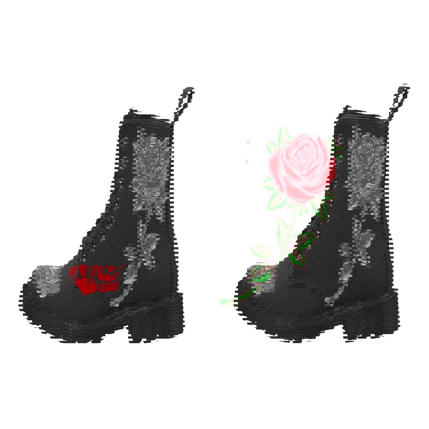 Red Roses Women's Boots - Floral Vegan Canvas Lace-Up Combat Shoes