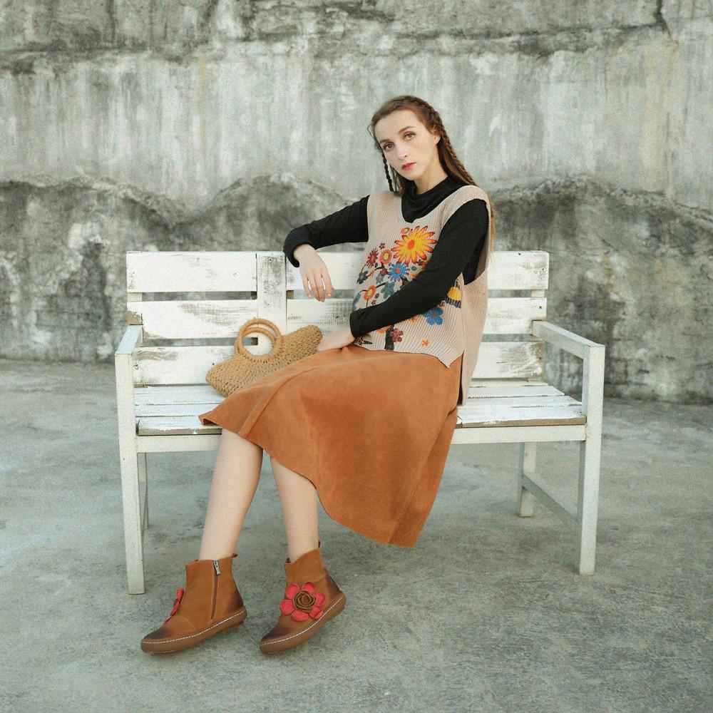 Women's Genuine Leather Chelsea Boots With Handmade Flowers Gray/Camel