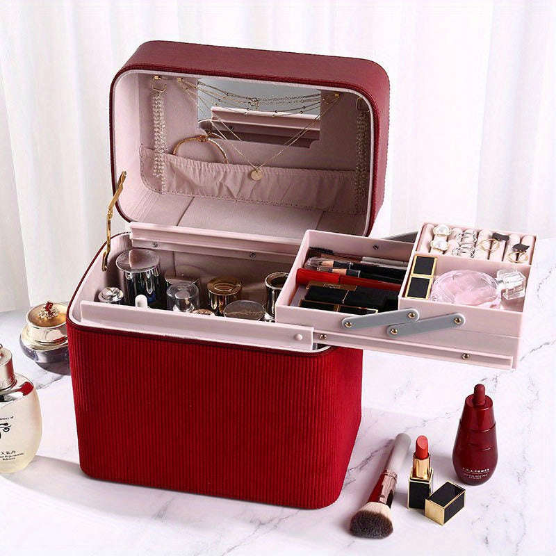 1pc Large Capacity Makeup Case with Double-Layer Tray - Portable Cosmetic Storage Box