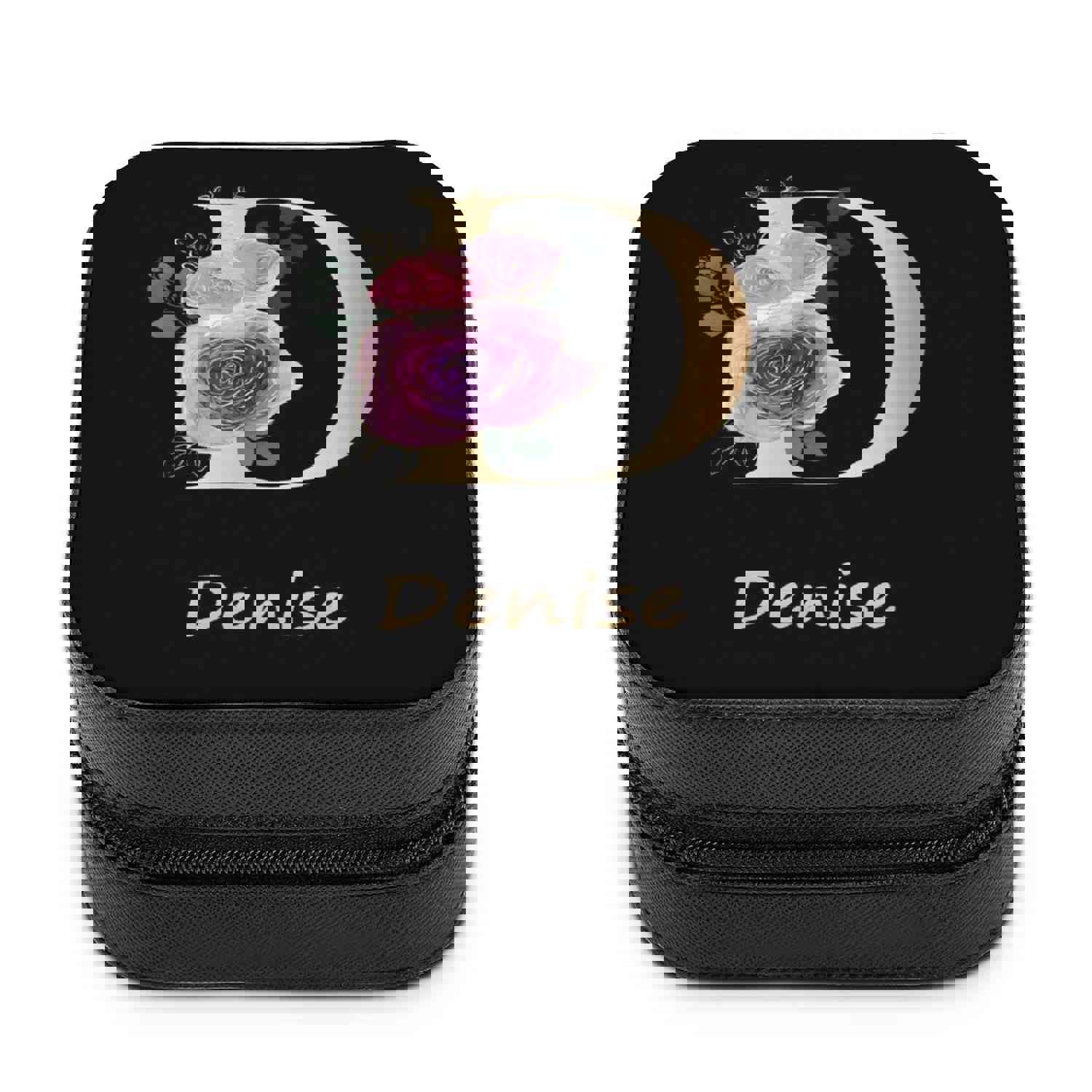 Custom Name & Initials Flower Black Travel Makeup Box Jewelry Box Bridal Party Gift