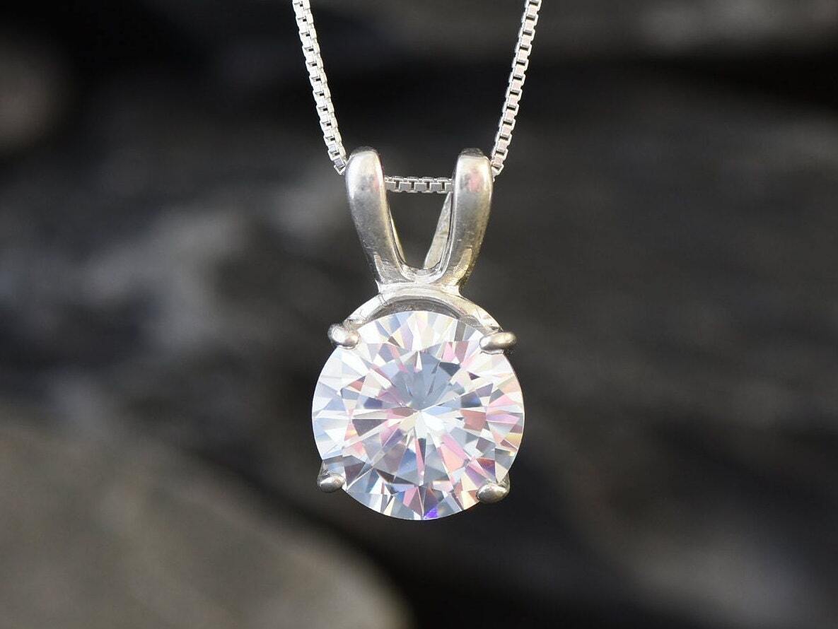 Dainty Round Diamond Necklace for Women - 925 Sterling Silver Created Diamond Pendant