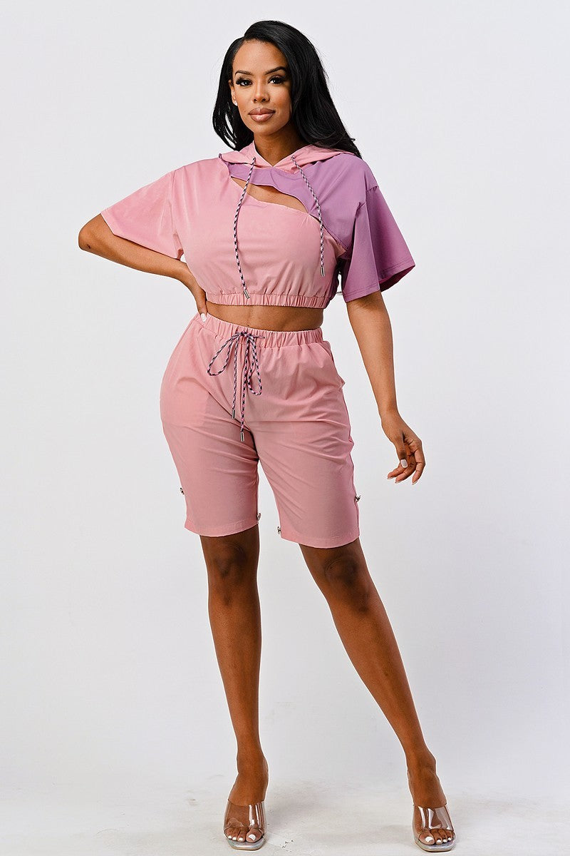 Color Block Pants Set with Hoodie and Detachable Bottom