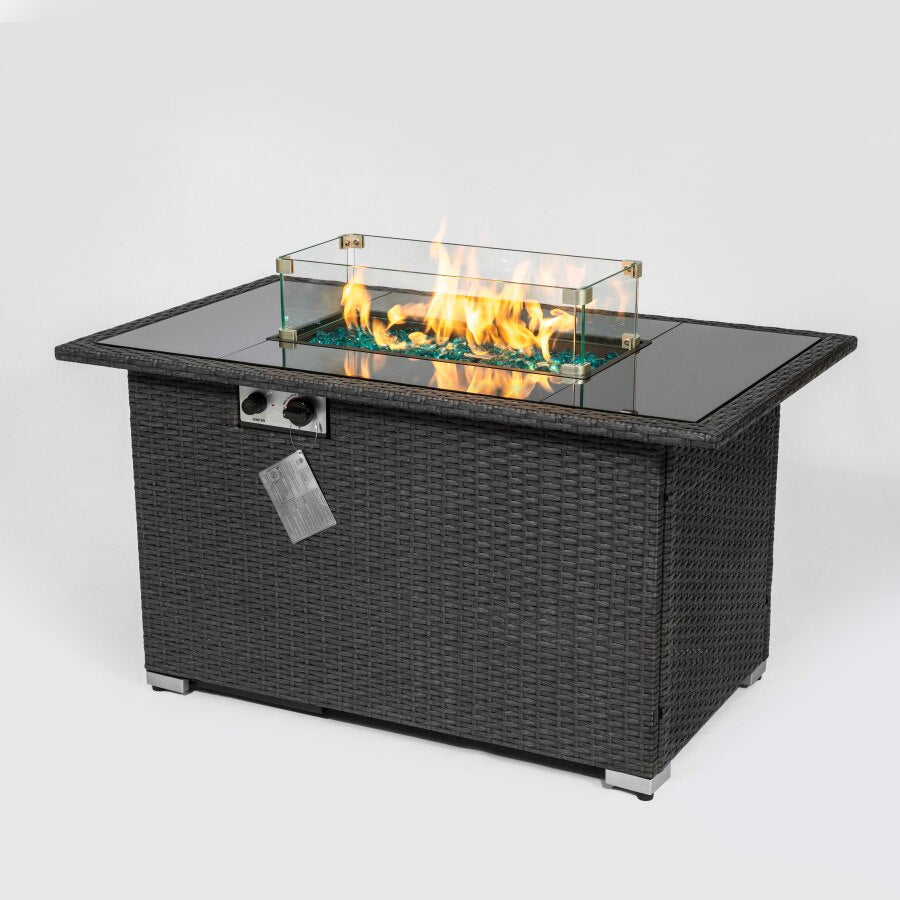 MIRODEMI® Outdoor 44 Black Rectangle Fire Pit Table with Tempered Glass Tabletop