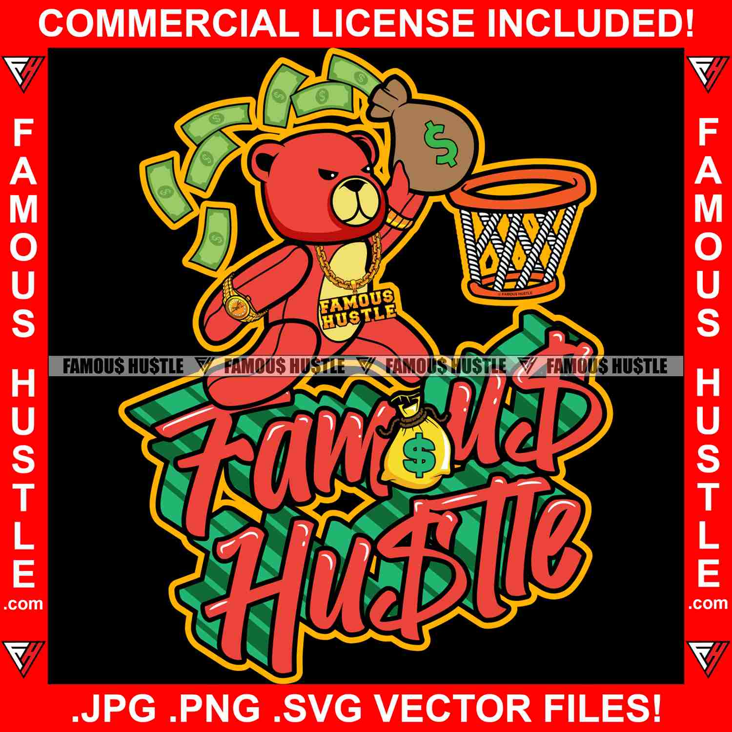 Hustle Gangster Teddy Bear Cash Money Bag Graphic Design T-Shirt Print