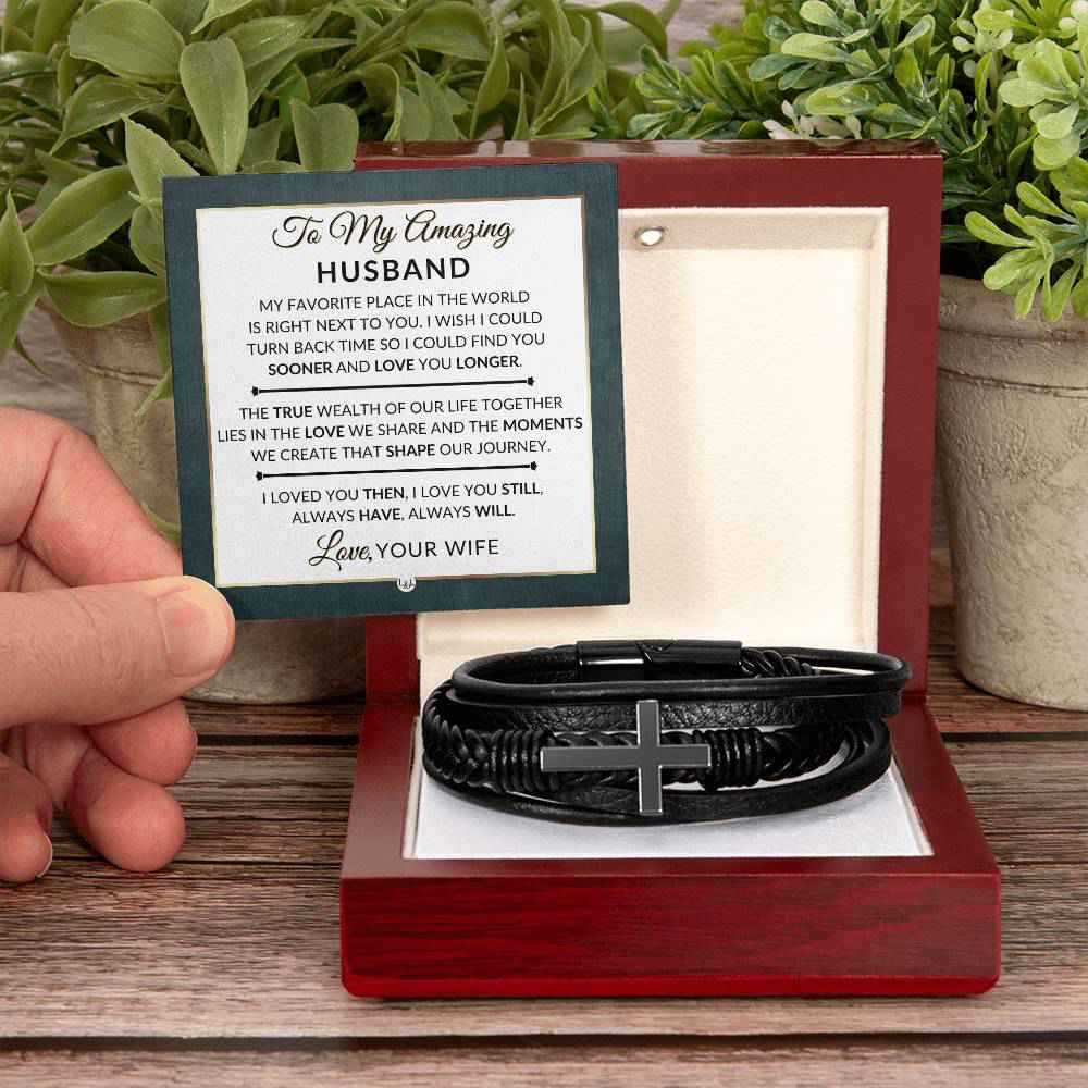 Heartfelt Gift For My Husband From Wife - Always Have, Always Will - Mens Braided Leather Bracelet with Cross