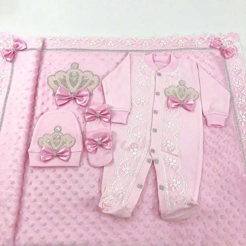 Designer Newborn Baby Cotton Clothing Set - 5-Piece Pink & White Lace Trimmed Outfit