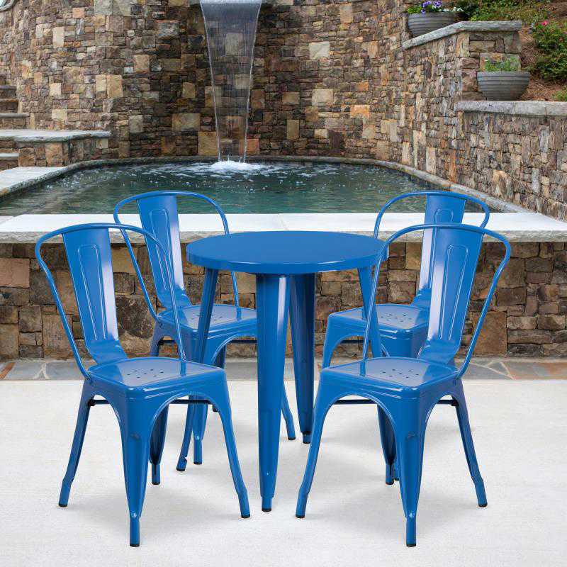 CH-51080TH-4-18CAFE Flash Furniture Chauncey 24" Round Blue Metal Indoor-Outdoor Table Set with 4 Cafe Chairs
