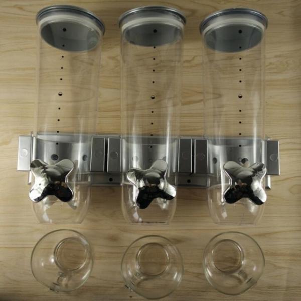 Wall Mounted Triple Cereal Dispenser Dry Food Storage Container - Silver