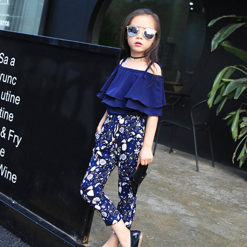 Summer Teen Girls Flower Chiffon Clothing Set - Off Shoulder Tops & Floral Pants for Kids (8-14 Years)