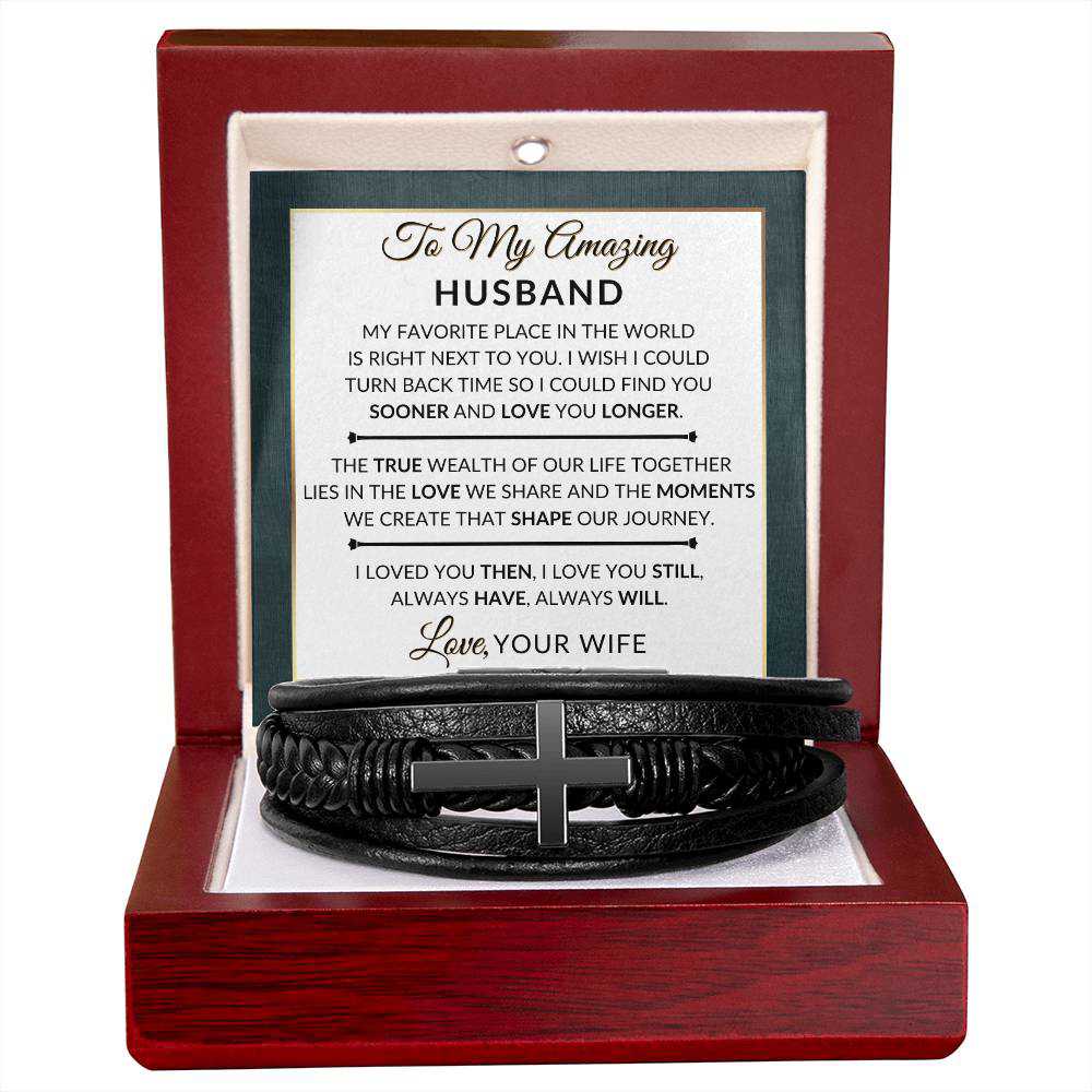 Heartfelt Gift For My Husband From Wife - Always Have, Always Will - Mens Braided Leather Bracelet with Cross