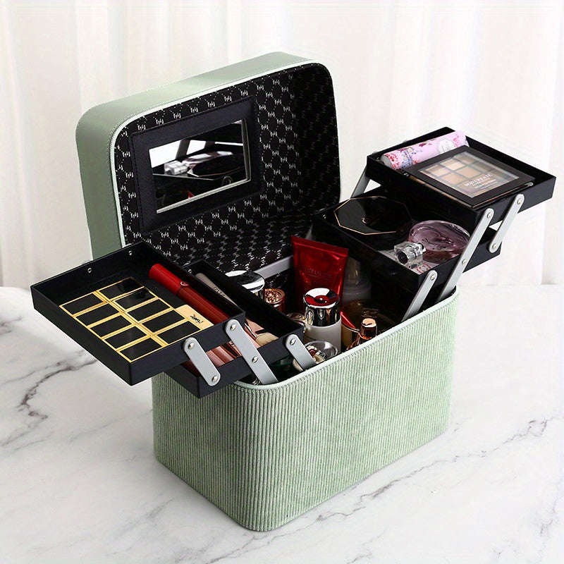 1pc Large Capacity Makeup Case with Double-Layer Tray - Portable Cosmetic Storage Box