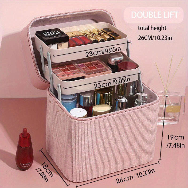 1pc Large Capacity Makeup Case with Double-Layer Tray - Portable Cosmetic Storage Box