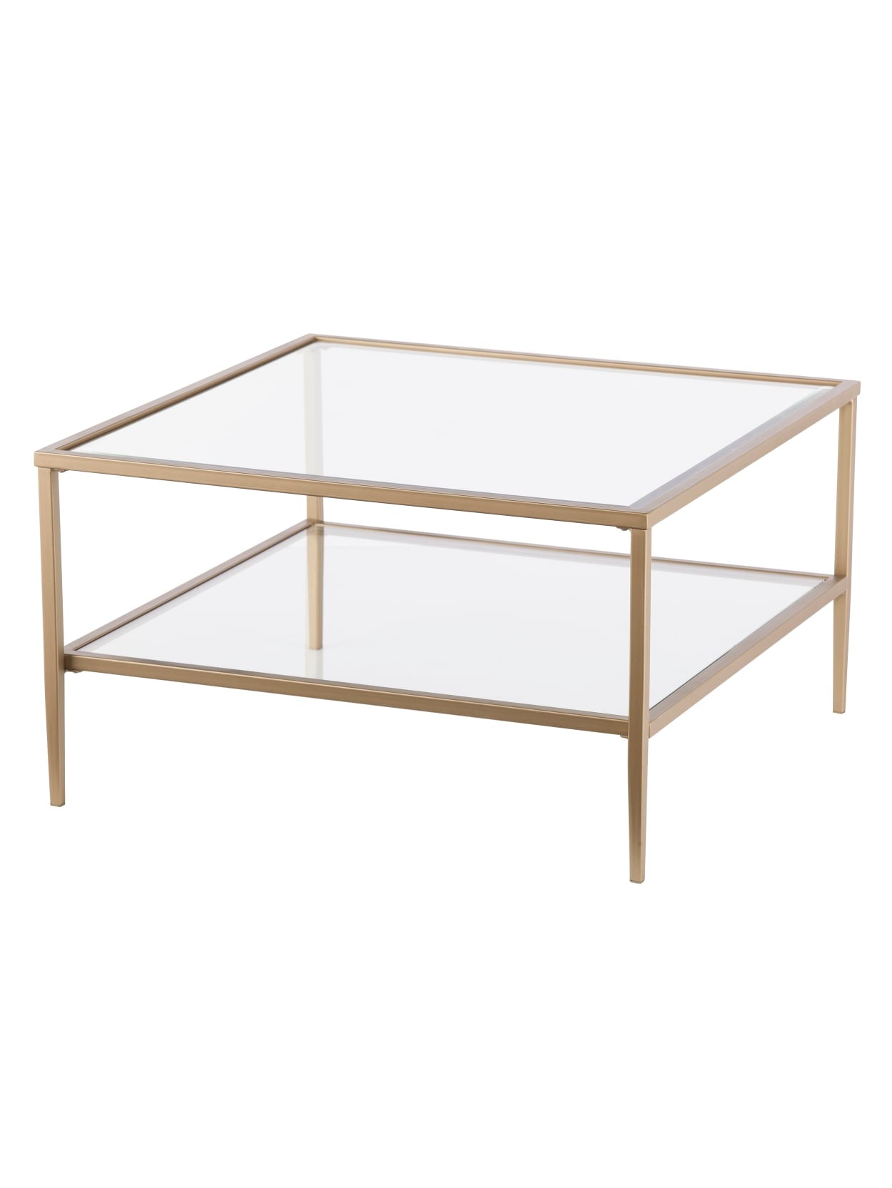 Southern Enterprises Keller Square Metal/Glass Open-Shelf 32 Cocktail Table, Rectangular, Clear/Gold