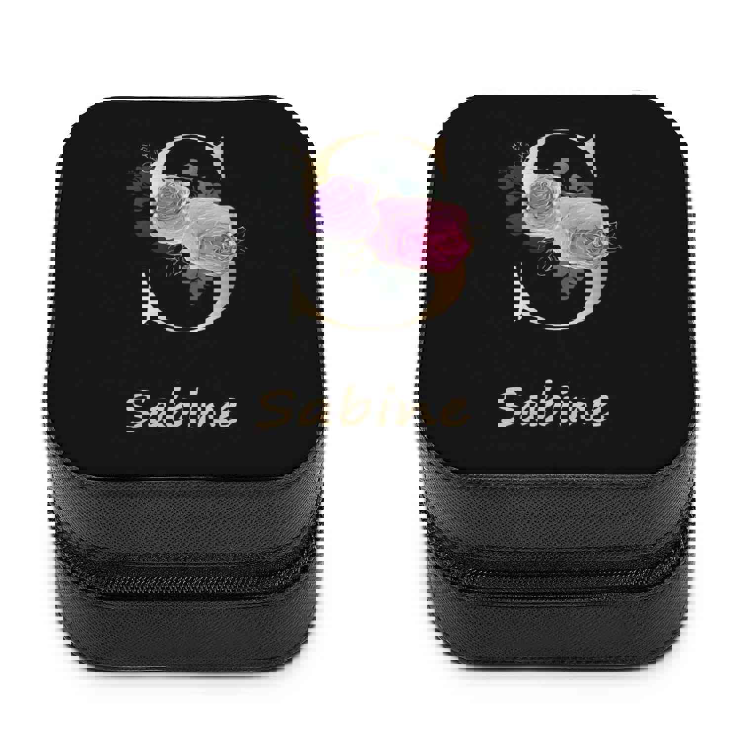 Custom Name & Initials Flower Black Travel Makeup Box Jewelry Box Bridal Party Gift