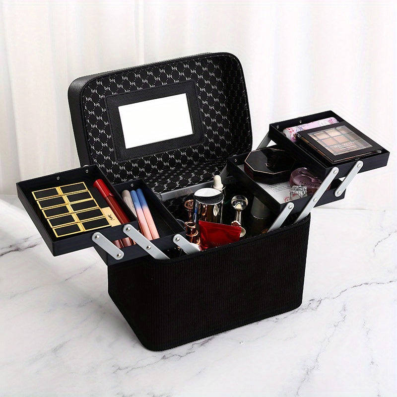 1pc Large Capacity Makeup Case with Double-Layer Tray - Portable Cosmetic Storage Box