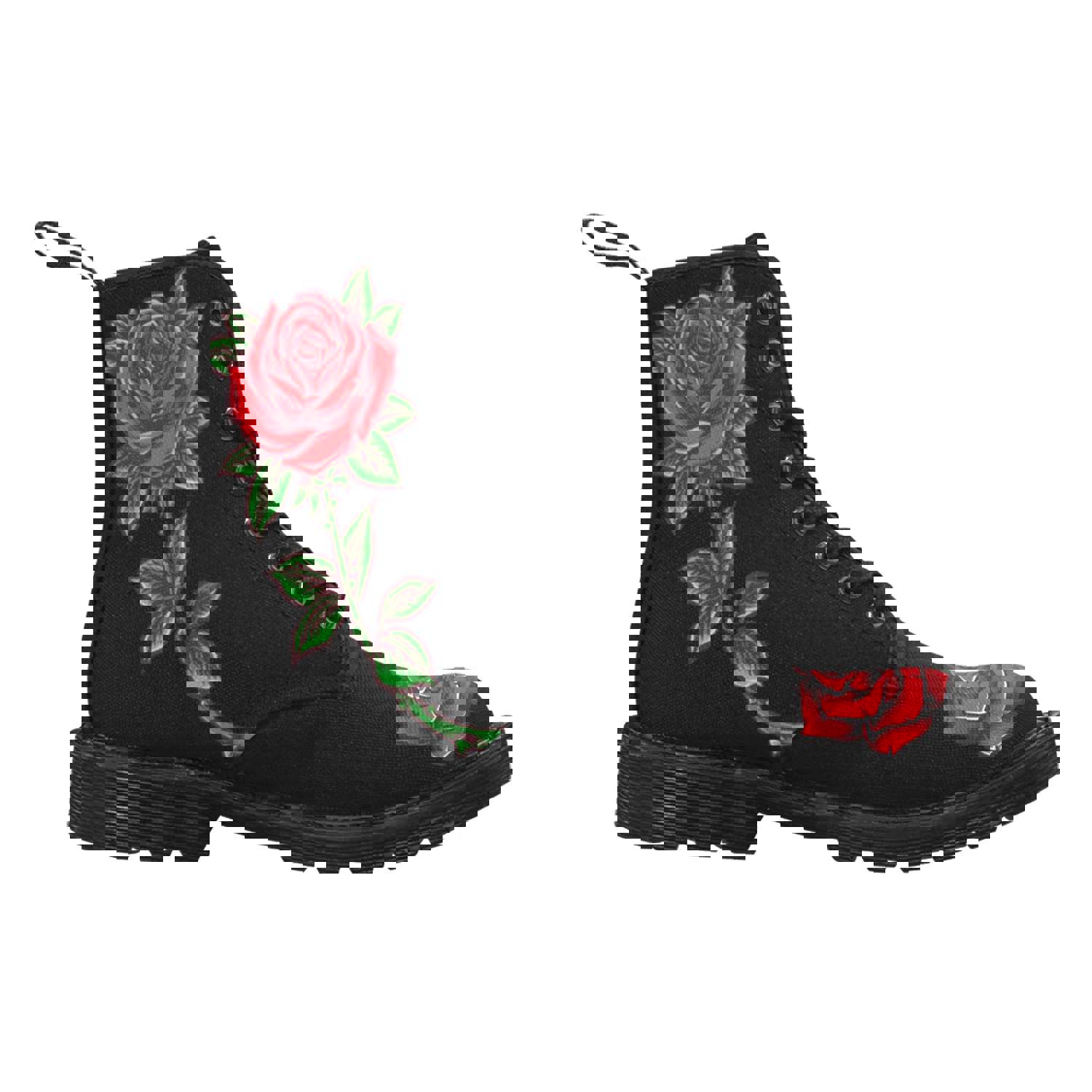 Red Roses Women's Boots - Floral Vegan Canvas Lace-Up Combat Shoes