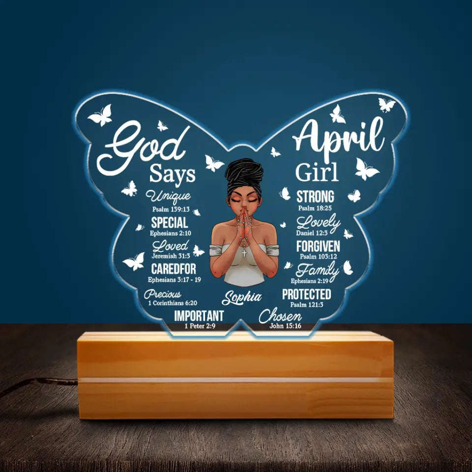 Personalized 3D LED Light Wooden Base - April Birthday Gift for Women, Afro Queen Gift