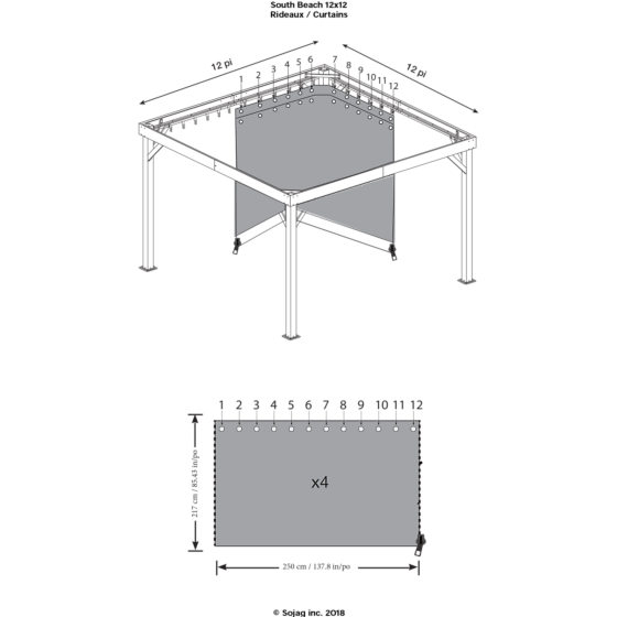 Sojag South Beach Gazebo Summer Curtains, 12 ft. x 12 ft., Black - 4 Panels with Hooks