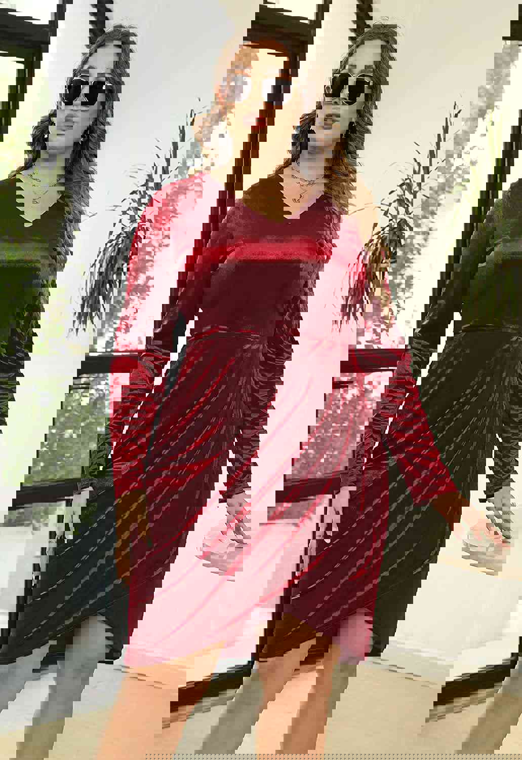 Italian Wine Red Velvet V-Neck Long Sleeve Ruched Bodycon Midi Dress