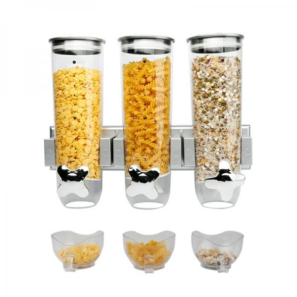 Wall Mounted Triple Cereal Dispenser Dry Food Storage Container - Silver