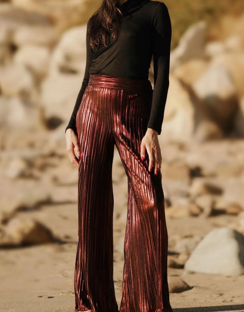 Nightcap Clothing Metallic Pleated Wide Leg Pants in Autumn Bronze