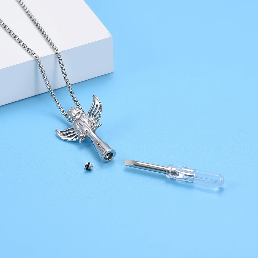 Angel Cube Urn Necklace - Stainless Steel Cremation Ashes Pendant for Women and Pets